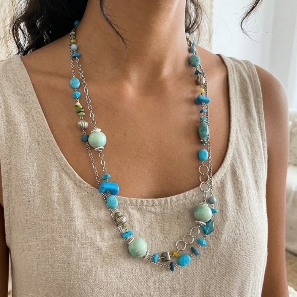 EsMor Long Layered Statement Necklace Teal Blue Green Beads Artisan Boho Jewelry